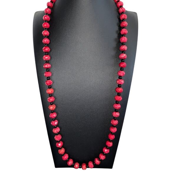 Russian Red Eudialyte Necklace Faceted Beaded Single Strand 30" - Picture 1 of 7